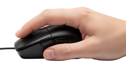 hand holding a black computer mouse on white background
