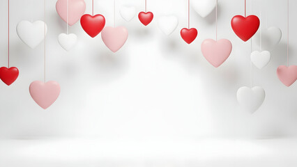 Hanging red pink and white hearts on white background with soft lighting love