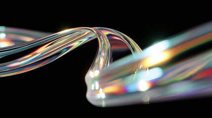 A close-up shot of a curved glass fiber optic cable against a dark background, with beautiful light reflection