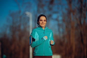 Happy Jogger Running in the Cold Season Outside on the Running Track. Cheerful woman having fun doing physical activities outside
