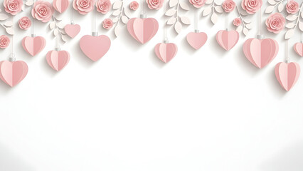 Pink Paper Hearts and Roses Garland Border on White Background paper craft