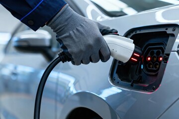 Hand Plugging Charging Cable into Electric Vehicle