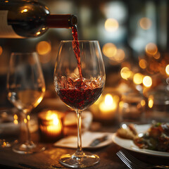 Elegant Restaurant Setting: Red Wine Pouring on a Candlelight Dinner Table for a Romantic Evening and Social Gathering