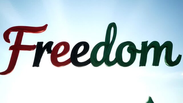 The Word Freedom in Stylized Font with Red, Black, and Green Colors Against a Bright Sky