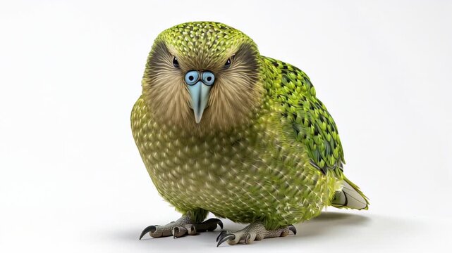 A Captivating Portrait of a Green Kakapo Parrot with Blue Eyes on a