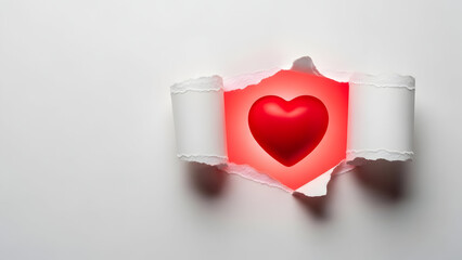 Red heart glowing through torn white paper on white background love