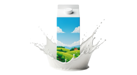A transparent milk carton with a nature label (sky, clouds, hills, trees, house) and dynamic milk splashes bursting, isolated on a transparent background with negative space, concept of natural