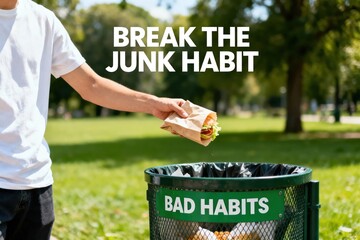 Man Throwing Burger in Trash Can for Healthy Lifestyle