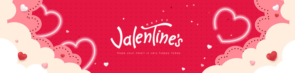 Happy Valentines day card or banner background with Heart Shaped Balloons and text design on pink sky