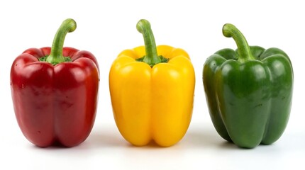 A vibrant still life showcases three bell peppers displaying a striking contrast of red yellow and green hues neatly arranged