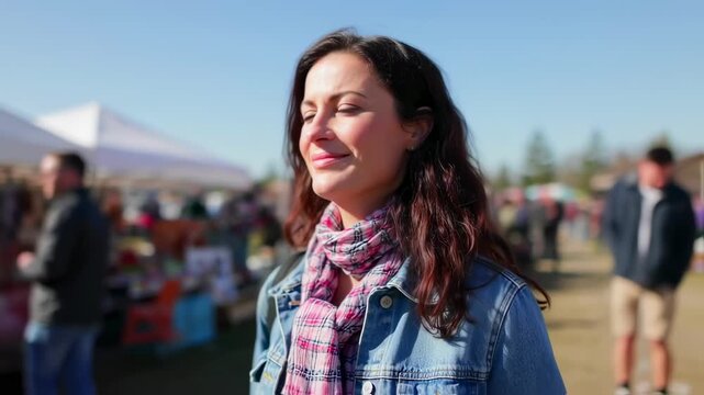 A woman smiles as she looks to the side, wearing a denim jacket and patterned scarf, outdoors