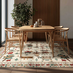 Modern Dining Room with Wooden Table, Rug Decor and Natural Light in Contemporary Style Interior Design