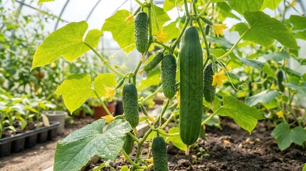 A vibrant close up view of thriving cucumber plants growing inside a greenhouse showcasing lush green foliage and developing fruits offering a fresh