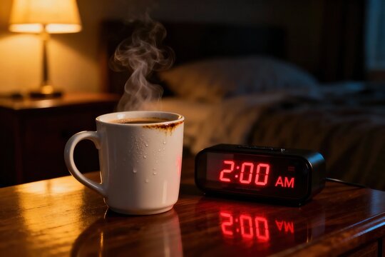 Late Night Coffee with Digital Alarm Clock at 2 AM. Insomnia Concept