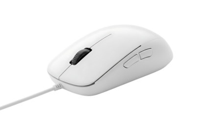 white computer mouse with cord and black scroll wheel on white background