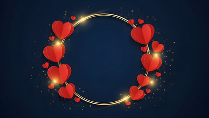 Red paper hearts and golden circle frame with bokeh lights on dark blue background