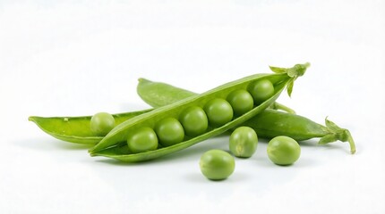 A close up view of a freshly opened green pea pod revealing vibrant round peas showcasing a simple and natural still life composition