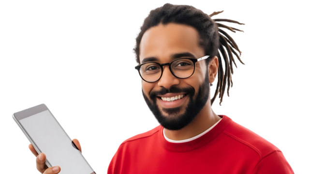 Smiling Man Holding Tablet Computer With Glasses - Powered by Adobe