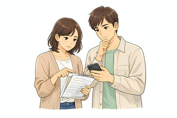 Fototapeta premium 新生活の準備を考える若いカップル 引っ越し前の検討イメージ