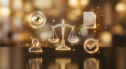 egal technology and digital justice concept with glowing golden scales of justice eye of providence document and checkmark icons for law compliance and transparency services