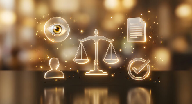 egal technology and digital justice concept with glowing golden scales of justice eye of providence document and checkmark icons for law compliance and transparency services