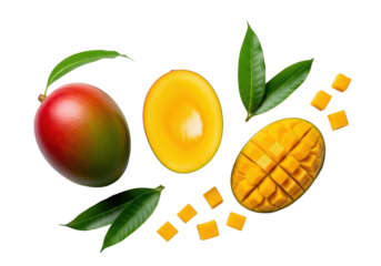 Vibrant whole mango (red, green, yellow), perfectly sliced half, and golden diced cubes, with fresh green leaves on a transparent background, soft natural daylight. Tropical fruit freshness concept