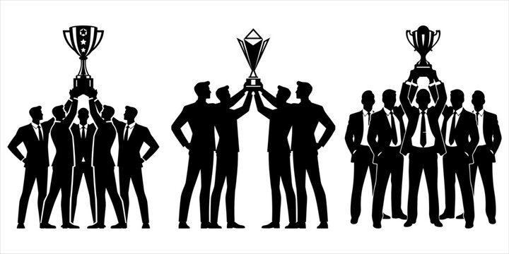 Business people celebrating achievement with trophy &ndash; success silhouette vector design set. Corporate successful business People holding trophy cup prize silhouette. Corporate winner team celebrating.