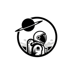Obraz premium Astronaut in Space Suit with Saturn-like Planet and Ring, Circular Emblem