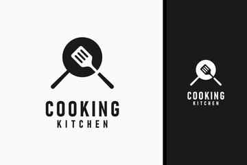Pan and spatula for cooking logo symbol icon design