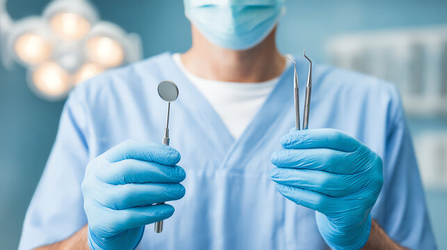 Close-up of a dentist holding tools, showcasing dental care and professional healthcare services in a clinic.