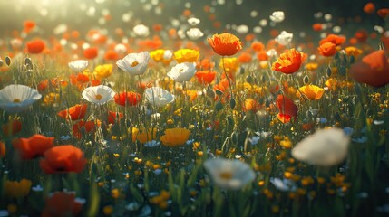 Vibrant field of colorful poppy flowers in sunlight.