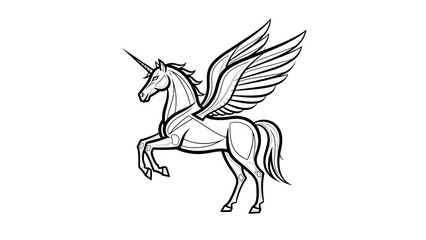 Black and White Unicorn with Wings Illustration.
