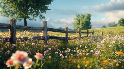 Rustic wooden fence in a wildflower meadow on a sunny day.