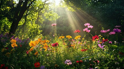 Wildflowers bloom in a sun-drenched forest clearing.