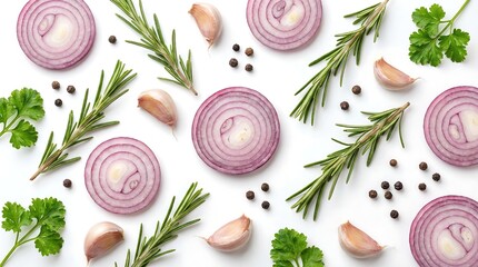 A vibrant flat lay showcases sliced red onions fragrant rosemary sprigs garlic cloves fresh parsley and peppercorns artfully arranged on a clean white