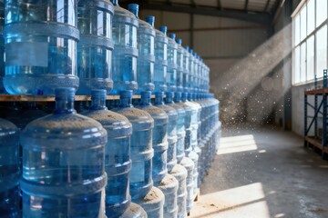 Stacks of Large Water Jugs in a Sunlit Warehouse
