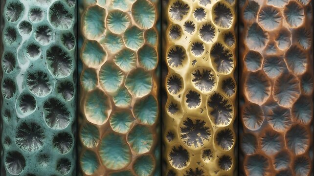 Close-up of hammered metal dimples and tarnish details
