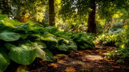 Fototapeta premium Lush greenery lines a sunlit garden path, showcasing vibrant foliage and dappled sunlight.