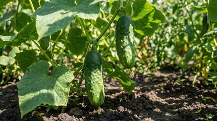 Obraz premium A vibrant garden scene showcases flourishing cucumber plants with several developing fruits hanging amongst lush green foliage and dark soil