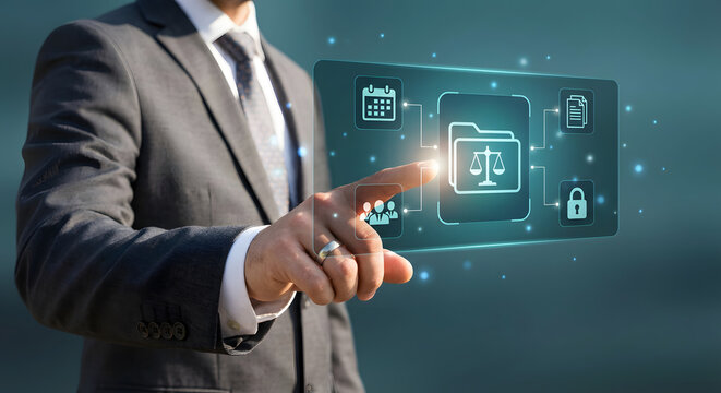 businessman in suit pointing at virtual digital screen with legal folder scales of justice calendar and security icons for law firm management corporate compliance and data privacy - Powered by Adobe