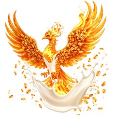 A stylized, fiery bird rises from a splash of cream, surrounded by falling golden objects
