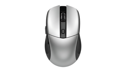 Wireless computer mouse with silver and black design and scroll wheel isolated on white background
