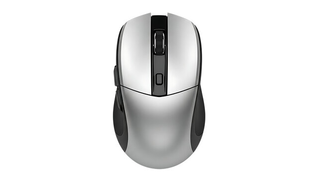 Wireless computer mouse with silver and black design and scroll wheel isolated on white background