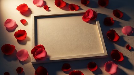 Red rose petals scattered around a blank white frame on a dimly lit surface viewed from above