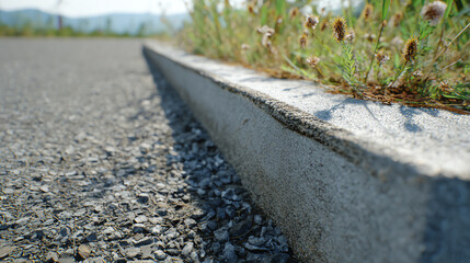 Close-up view of a curbside with wild grass growing through the cracks, showcasing nature's resilience in urban spaces.