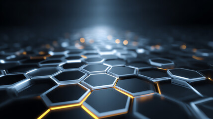 Close-up view of a futuristic hexagonal pattern with glowing edges, ideal for backgrounds and tech graphics.