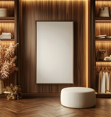 Modern interior featuring empty poster frame wooden wall, surrounded by stylish shelves and cozy seating area, evokes sense of elegance