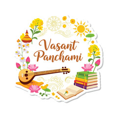 Obraz premium Colorful Vasant Panchami celebration with flowers books and musical instruments yellow