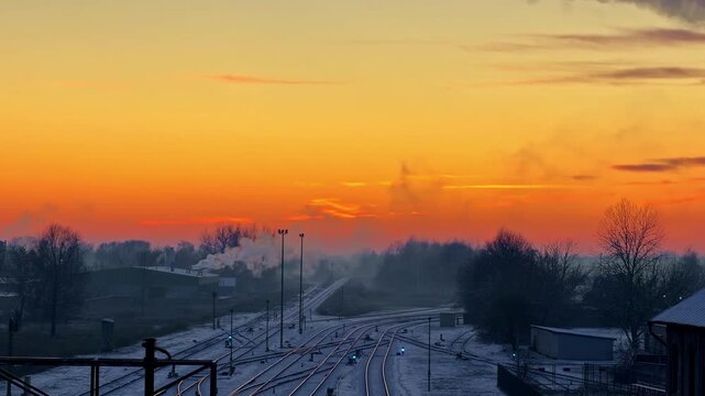 Cold morning sunrise above Jelgava snow covered railway tracks in Latvia, golden skyline