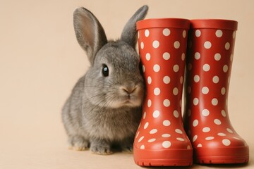 Curious gray bunny peeking from behind red polka dot rain boots on beige background, cute domestic rabbit portrait concept